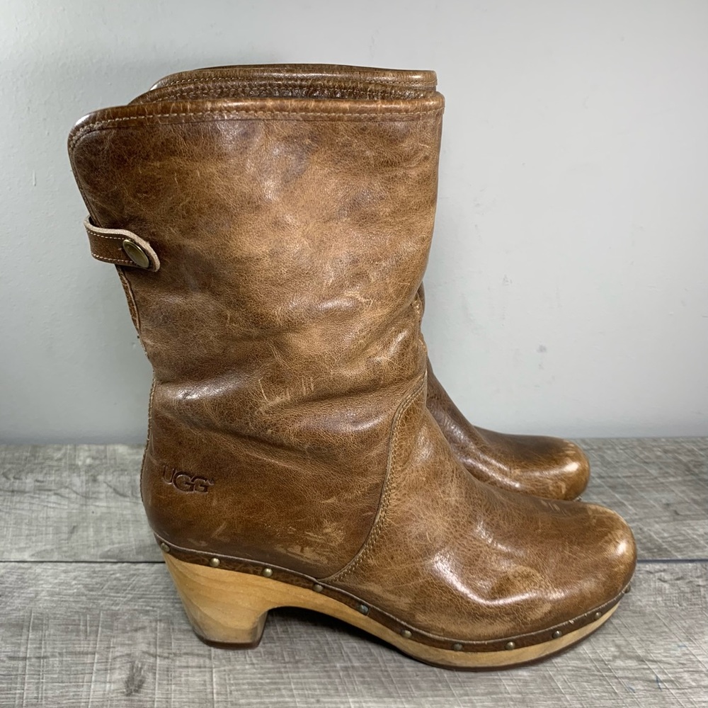 UGG 100179 Lynnea Women’s Brown Leather & Shearling Lined Boots Booties Size 7